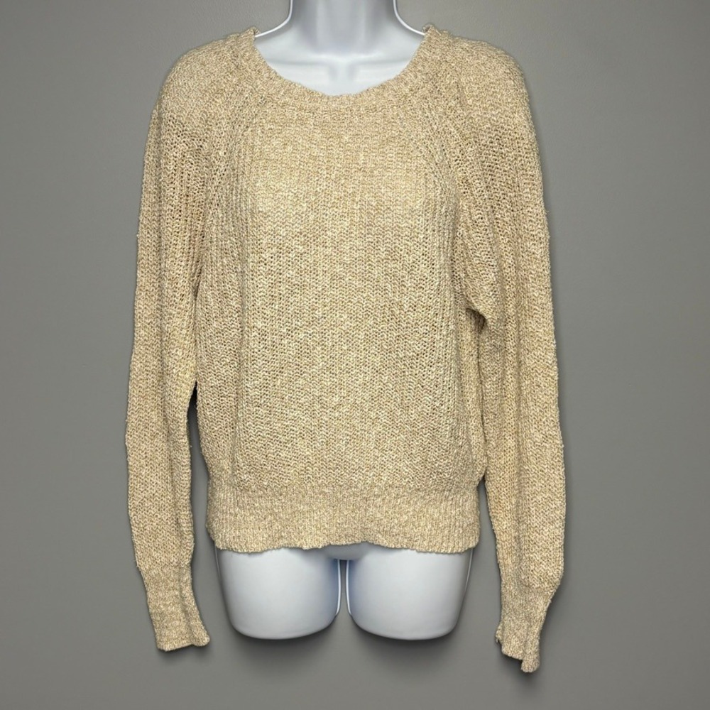 Free People Minimalist Preppy Neutral Tan Ribbed Linen Blend Sweater Women‎ Sz S